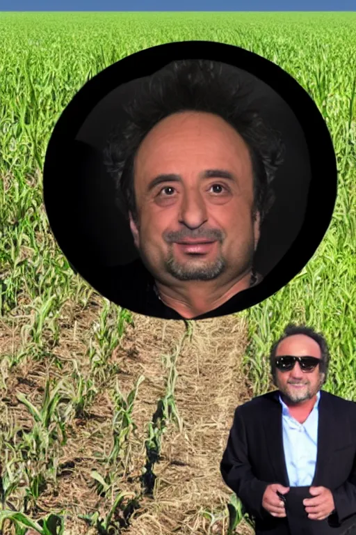 Image similar to Giorgio A. Tsoukalos, abducted by an alien space ship in a corn field