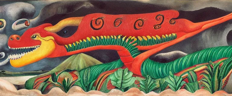 Prompt: wide shot, Quetzalcoatl, by frida kahlo,concept art,trending on artstation