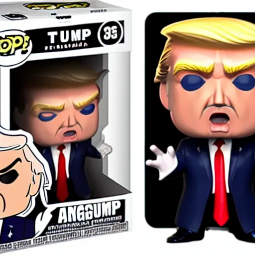 Image similar to funko pop of donald trump, angry expression, pecked lips,