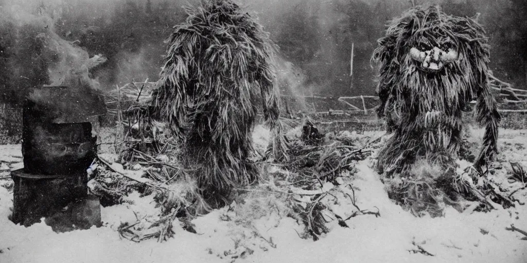 Image similar to 1 9 2 0 s photography of krampus hay monster burning on a pyre, submerged in snow