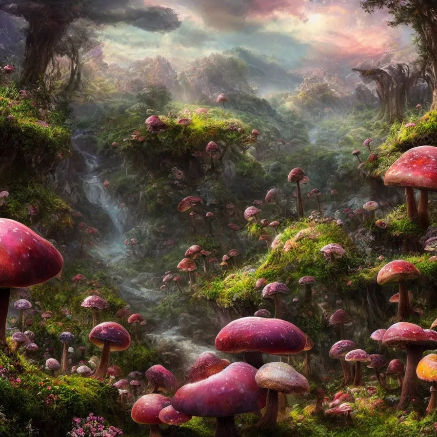 Image similar to incredibly detailed fantasy landscape of a valley with gigantic mushrooms and lichen, god rays, bokeh, raining, pink and blue color scheme, trending on artstation, 8k