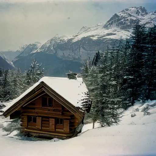 Image similar to a 3 5 mm kodachrome photo of a cozy cabin in the swiss alps in the 1 9 5 0's