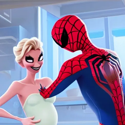 Image similar to spiderman and pregnant pregnant elsa talking in the kitchen, into the spiderverse cinematic render, 2 0 1 8 sony animation official media, clear details, award winning