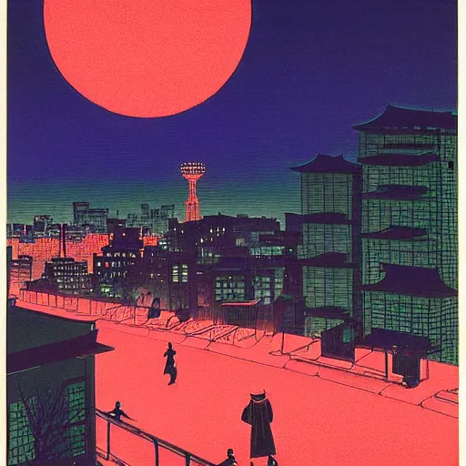 Prompt: Neon Tokyo bathed in moonlight by Hasui Kawase and Lyonel Feininger