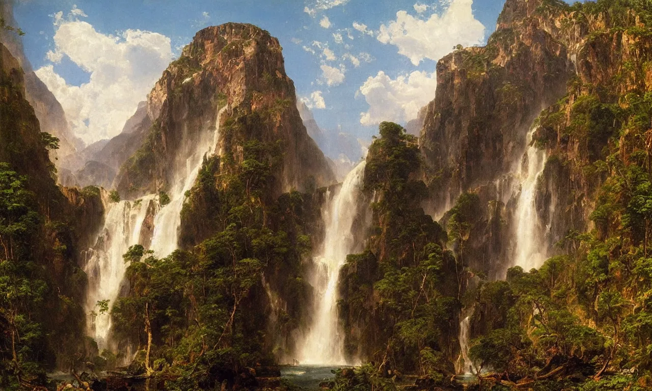 Image similar to a spectacular view of angel falls in venezuela. art frederic edwin church, hyperrealism