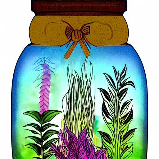 Prompt: a jar with a variety of beautiful plants inside, digital art, awards winning