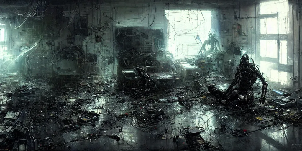 Image similar to a cyborg sitting on the floor, inside an old apartment, cybernetic parts and wires scattered across the floor, dystopian aesthetics, detailed oil painting, misty, ethereal, dramatic lighting, ominous, by craig mullins and ruan jia and jeremy mann