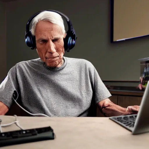 Image similar to A colored colorized real screenshot of Jerma985 as an elderly guy streaming on his computer while wearing headphones, taken in the early 2020s, taken on a 2010s Camera, realistic, hyperrealistic, very realistic, very very realistic, highly detailed, very detailed, extremely detailed, detailed, digital art, trending on artstation, headshot and bodyshot, detailed face, very detailed face, very detailed face, real, real world, in real life, realism, HD Quality, 8k resolution, intricate details, colorized photograph, colorized photon, body and headshot, body and head in view