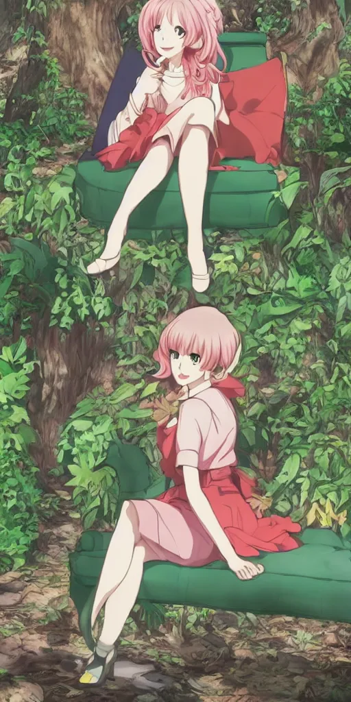 Prompt: a queen of good vibes sitting by herself on a sofa in a forest, drawn by CloverWorks,