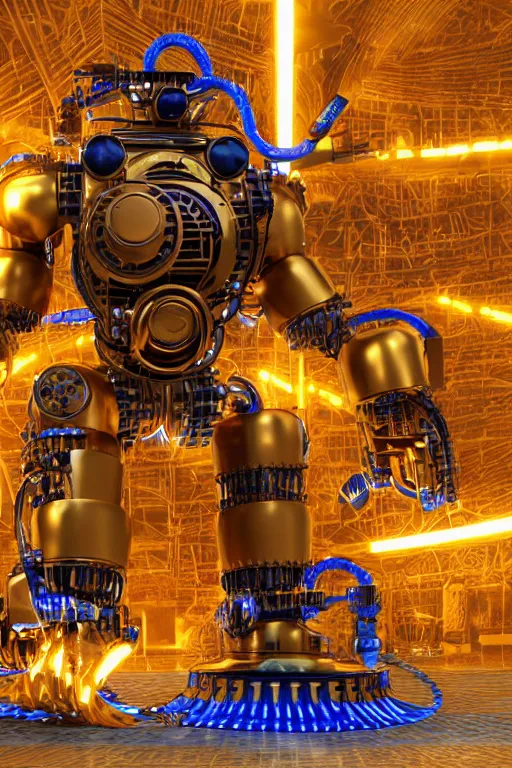 Image similar to portrait photo of a giant huge golden and blue metal humanoid steampunk robot cleaner robot, with gears tubes vaccuumcleaner, on the wet floor are mop and bucket, eyes are glowing red lightbulbs, shiny crisp finish, 3 d render, 8 k, insaneley detailed, fluorescent colors, background is multicolored lasershow