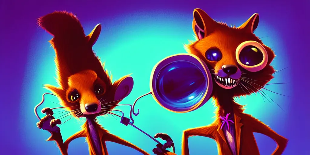 Image similar to curved perspective, extreme narrow, extreme fisheye, digital art of a marten animal cartoon character wearing a wig a jewlery by anton fadeev from nightmare before christmas