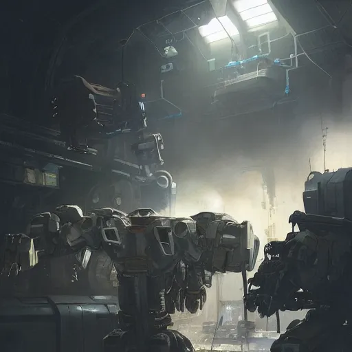 Image similar to A hunchback IIC medium mech Mech being worked on by technicians in a mech bay, Battletech, by Greg Rutkowski, sharp lighting, 4k, detailed