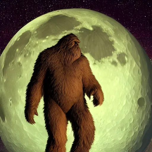 Prompt: Bigfoot sleeping on the moon, beautiful lighting,,digital art , highly detailed , high contrast, beautiful lighting, award winning , trending on art station, 8k, photo realistic,unreal engine 5