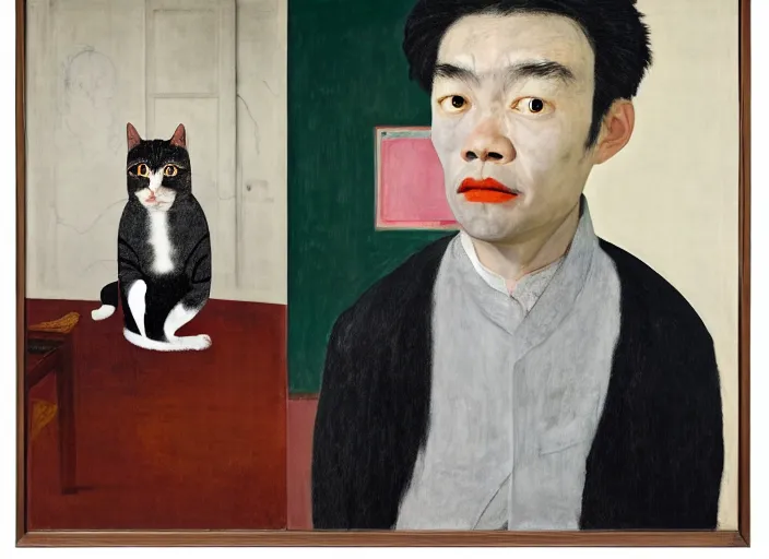 Prompt: portrait of asian student with cat head sitting in the classroom, half figure front, francis bacon and pat steir and hilma af klint and james jean, psychological, photorealistic, symmetrical faces, intriguing eyes, rendered in octane, altermodern, masterpiece
