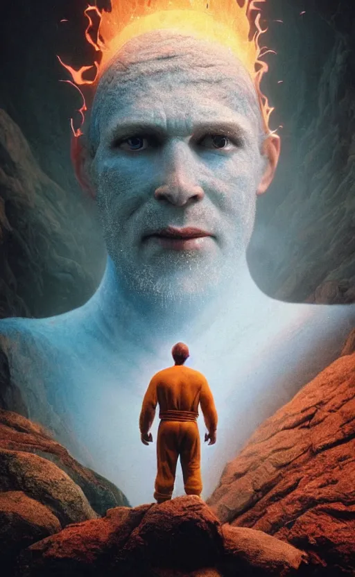 Image similar to extremely detailed cinematic movie still 3 0 7 7 portrait shot of a god of fire 2 5 years old white man hyperreal skin face at the mountain top by denis villeneuve, wayne barlowe, simon birch, marc simonetti, philippe druillet, beeple, bright volumetric sunlight from remote star, rich moody colors, closeup, bokeh