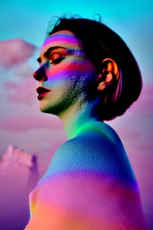 Image similar to high quality pastel coloured film close up wide angle photograph of a model wearing clothing resting on cloud furniture in a icelandic black rock!! environment in a partially haze filled dreamstate world. three point light, rainbow. photographic production. art directed. pastel colours. volumetric clouds. pastel gradient overlay. waves glitch artefacts. extreme facial clarity. 8 k. filmic.