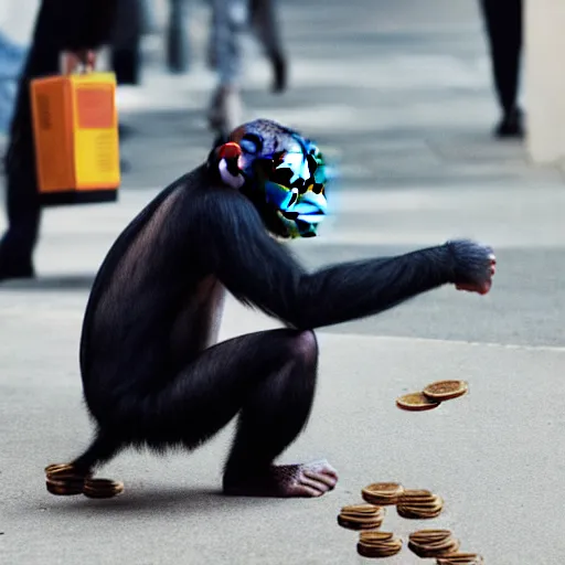 Image similar to a 5 0 mm photo of a chimpanzee in a business suit picking up pennies on a street in manhattan, hyperrealistic