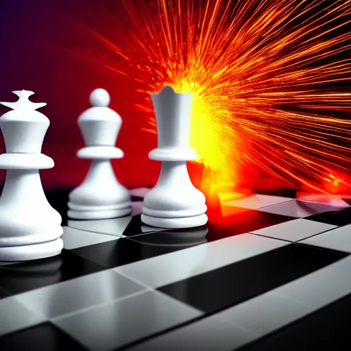 Image similar to a stunning 3 d simulation of a white chess piece exploding with colorful laserbeams, black background, 4 k