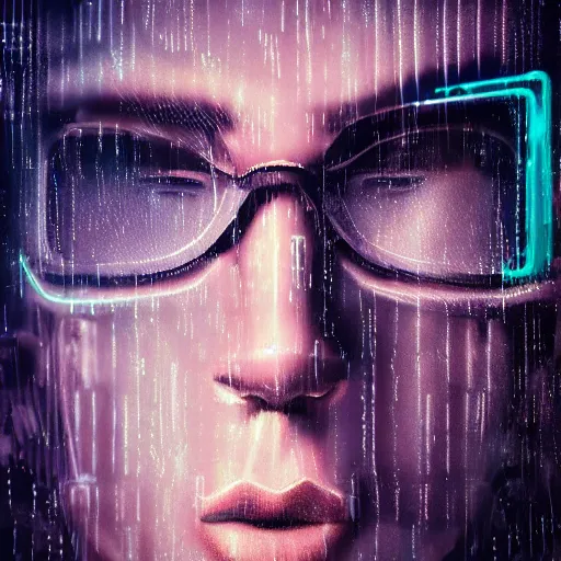 Image similar to stylish cartoon portrait made out of rain, cyberpunk background, rendered in octane, unreal engine, highly detailed, trending on artstation, realistic, splashes of neon, beautiful, handsome, depth of field, glowing eyes