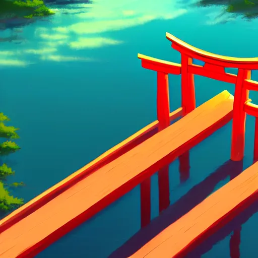 Prompt: torii gate in middle of a lake, digital art, rich vivid colors, ambient lighting, dynamic lighting, 4 k, official media, anime key visual, makoto shinkai, ilya kuvshinov, lois van baarle, rossdraws, detailed, trending on artstation