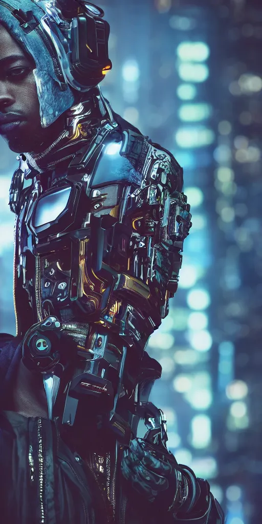 Image similar to hero angle of cyberpunk Ludacris, highly detailed, sharp focus, cyberpunk style, cyborg, futuristic, 8k, 35mm, cinematic lighting