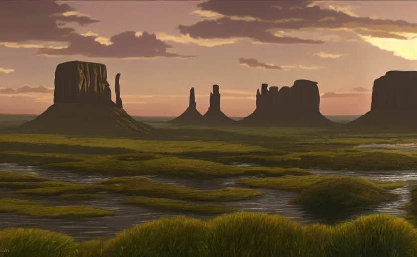 Prompt: a hyperrealist cell - shaded cartoon movie still from howl's moving castle ( 2 0 0 4 ) of a city in a flooded monument valley. rainforest stonehenge is seen in the background with shafts of sunlight from above. very dull muted colors, hd, 4 k, hq