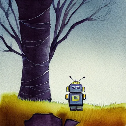 Prompt: a small lonely robot in the field, illustration, robot, trees, deforestation , Nice colour scheme, soft warm colour. Studio Gibli. Beautiful detailed watercolor by Lurid. (2022)