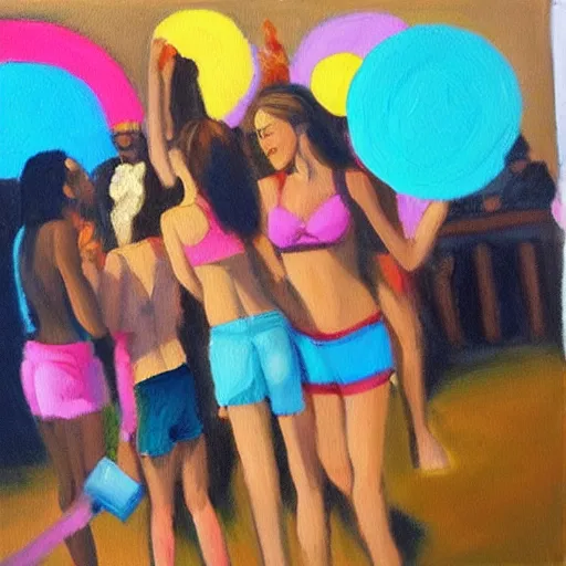 Image similar to “springbreak party, oil painting by mark tennant”