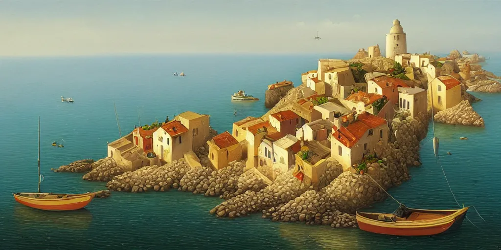 Prompt: A detailed, precise oil painting of a beautiful Mediterranean fishing village by Michiel Schrijver, isometric, surreal