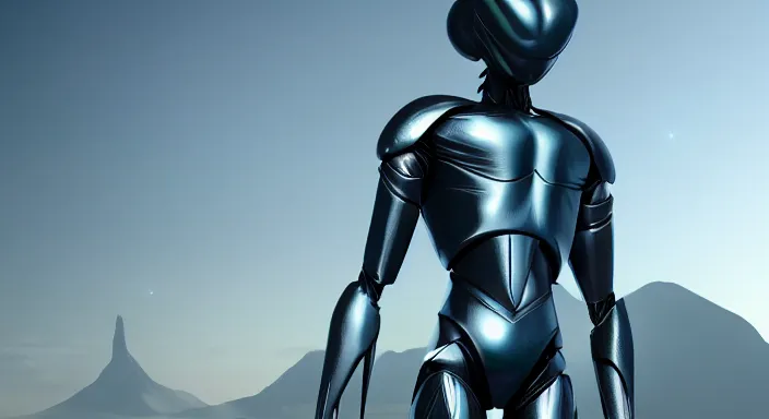 Prompt: a humanoid alien made of glowing energy wearing sleek advanced but simple armor stands in a vast alien landscape, 8 k cg render, trending on artstation