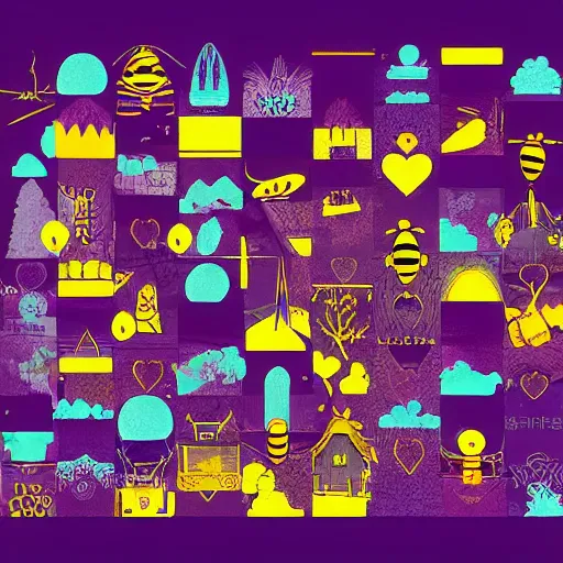 Prompt: An album cover, (bee), hourglass, heaven, (heart), pine tree, Japanese street, ghost, urban house, train, passport, ((purple)), (((yellow))), ((blue)), ((pink)),