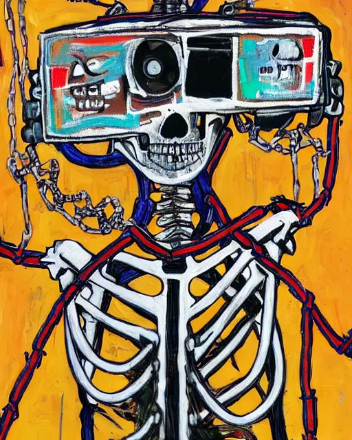 Image similar to oil neo expressionism painting of cyberpunk skull skeleton tethered to a bunch of wires and cords and chains wearing a vr oculus headset by basquiat