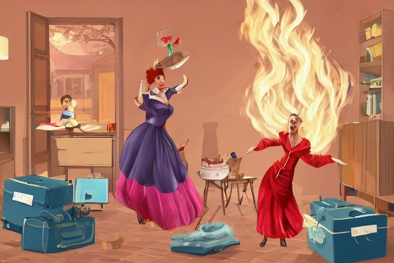 Prompt: a crazy housewife opera singer hurries up to pack daughter's things, surrounded with fire, clothes are flying around, digital art, trending on artstation