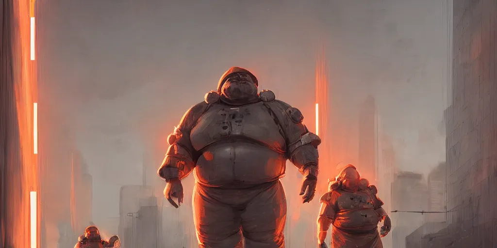 Image similar to portrait of a fat man sci fi soldier ranger, brutalist city architecture, orange dark epic, emissive lights and cables and wires, high details, ceremonial clouds, dripping paint, fibonacci rhythm, artstation, art germ, wlop, pablo dominguez, sabbas apterus, award - winning, artstation