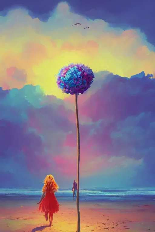 Prompt: giant flower head, girl walking on a beach, surreal photography, sunrise, dramatic light, impressionist painting, colorful clouds, digital painting, artstation, simon stalenhag