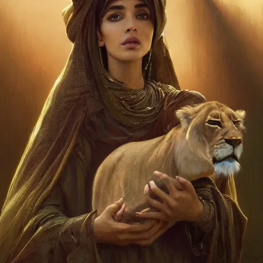 Image similar to a Photorealistic dramatic hyperrealistic render of an arab ameera al taweel, green tan skin, eyes, brown hair, white veil, with a pet lion by WLOP,Artgerm,Greg Rutkowski,Alphonse Mucha, Beautiful dynamic dramatic dark moody lighting,shadows,cinematic atmosphere,Artstation,concept design art,Octane render,8K