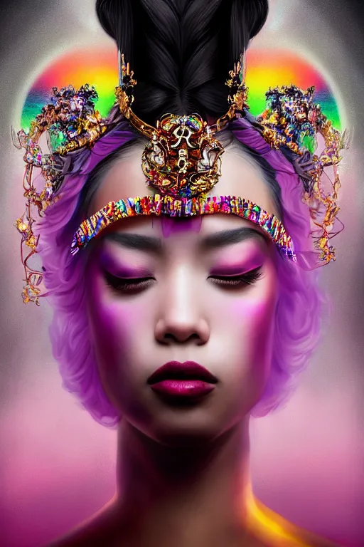 Image similar to a singular beautiful empress dramatic portrait, black hair, with a brilliant, impossible striking shiny big multi colored crystal headpiece, symmetrical, reflective surface, rainbow crystal clothes, rococo, baroque, jewels, asian, realistic, dramatic studio lighting, closeup, D&D, fantasy, intricate, elegant, highly detailed, digital painting, artstation, octane render, 8k, concept art, matte, sharp focus, illustration, art by Artgerm and Greg Rutkowski and Alphonse Mucha