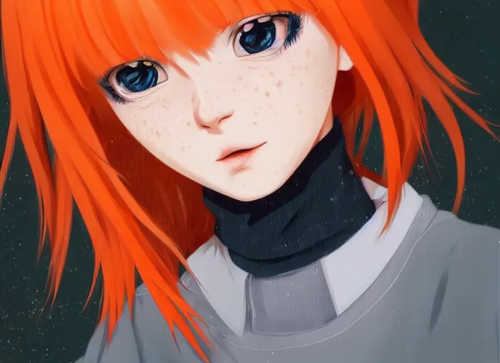 Image similar to portrait Anime girl with orange hair and freckles, cute-fine-face, white-hair pretty face, realistic shaded Perfect face, fine details. Anime. realistic shaded lighting by (((Ilya Kuvshinov)))