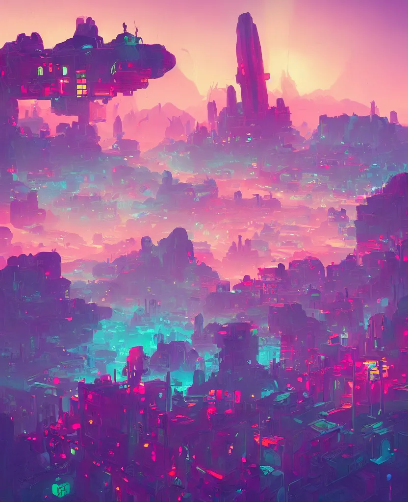 Prompt: detailed concept art of a DMT city in a fantastic landscape against a colorful sky by Anton Fadeev and Simon Stålenhag