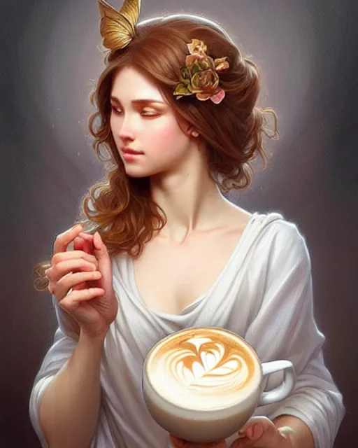 Prompt: a dreamy angelic barista pouring latte art, fantasy character portrait, ultra realistic, intricate, elegant, highly detailed, digital painting, artstation, smooth, sharp, focus, illustration, art by artgerm and greg rutkowski and alphonse mucha