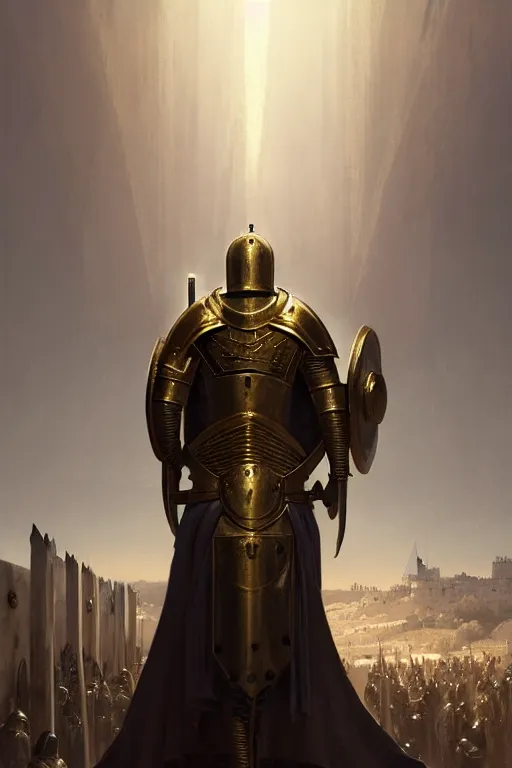 Prompt: white man looking forward in iron decorated plate armor with golden cross decorated on chest, cylindrical crusader great helm covering all his head and white silk cape covering his back and elbows standing at the gates of jerusalem drawn by greg rutkowski realistic high detail