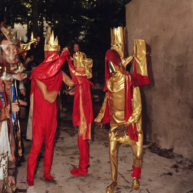 Prompt: a man being sacrifice by one member of an esoteric cult, Cinestill 800t 8k trending on Flickr, wear heavy red ornemental costume and elongate gold mask and jewels