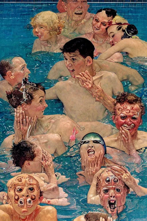 Image similar to summer swimming party, body horror, Norman Rockwell