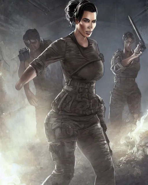 Image similar to A film still of kim kardashian being tackled by zombies in resident evil, highly detailed, digital painting, artstation, concept art, sharp focus, illustration, cinematic lighting, art by artgerm and greg rutkowski and alphonse mucha diffuse lighting, fantasy, intricate, elegant, highly detailed, lifelike, photo, digital painting, artstation, illustration, concept art, smooth, sharp focus, art by John Collier and Albert Aublet and Krenz Cushart and Artem Demura and Alphonse Mucha, full-shot, full pov.