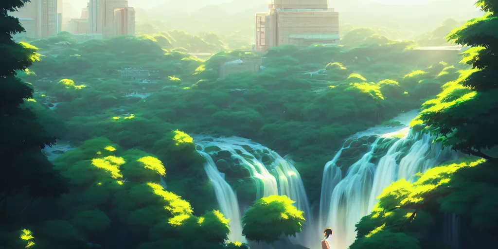 Prompt: evergreen valley, several waterfalls, ancient marble city, tall buildings, landscape, by makoto shinkai and lois van baarle, ilya kuvshinov, rossdraws, tom bagshaw, global illumination, morning light, radiant light, bird's eye view