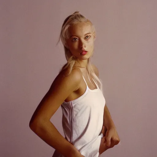 Image similar to realistic photoshooting for a new adidas lookbook, color film photography, portrait of a beautiful blonde woman, in style of Davey Adesida, 35mm, film photo