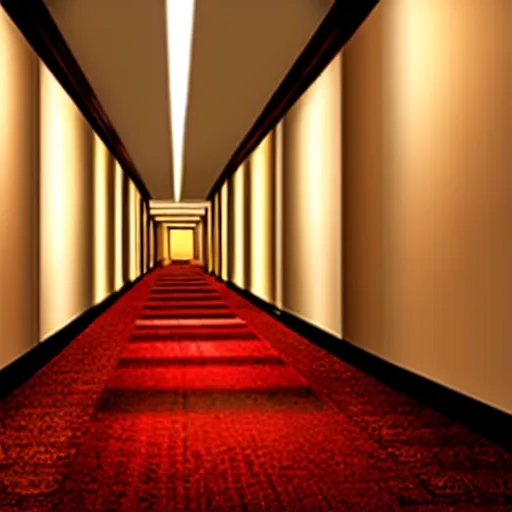 Image similar to an erie hotel corridor with red carpet, at the end of the corridor the light comes from a window, dust particles in the air