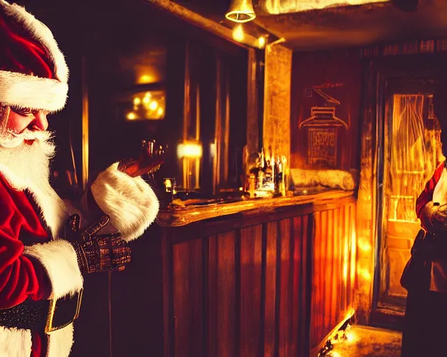 Image similar to santa claus chatting with socrates in a bar, professional photography, nighttime, noir photo, colors, golden lights, calm feeling