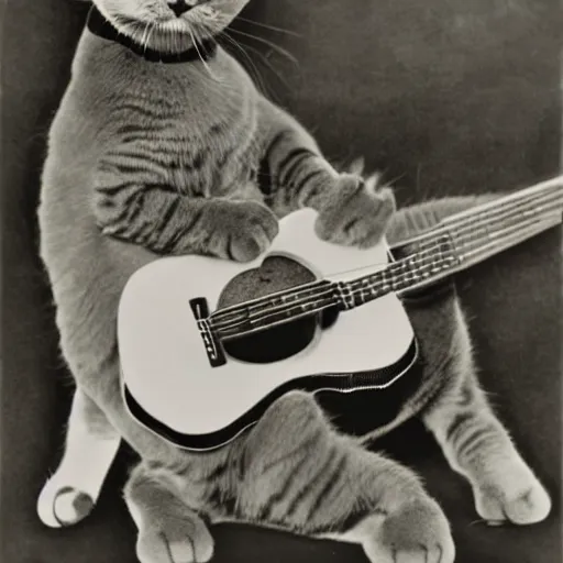 Image similar to cat playing guitar, rubber hose, felix the cat, pie eyes, 1 9 3 0 s, bw