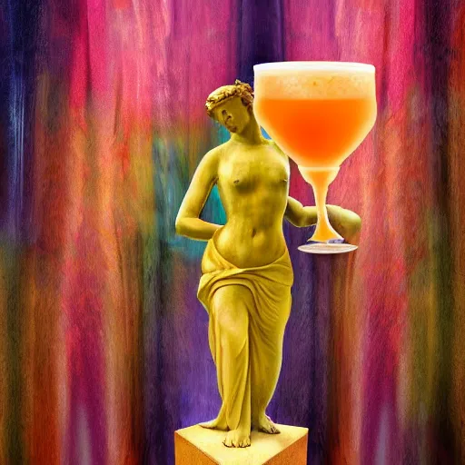 Image similar to a reneissance statue holding a coctail, medium shot, colorful coctail, digital painting